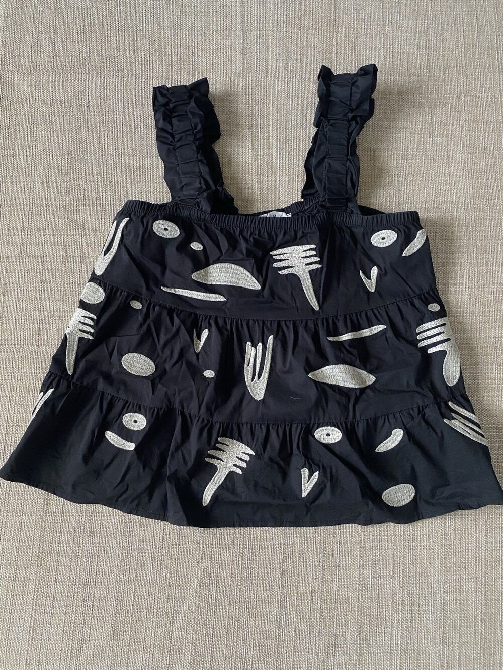 THML Black Abstract Embroidered Sleeveless Top Ruffle Straps Size S